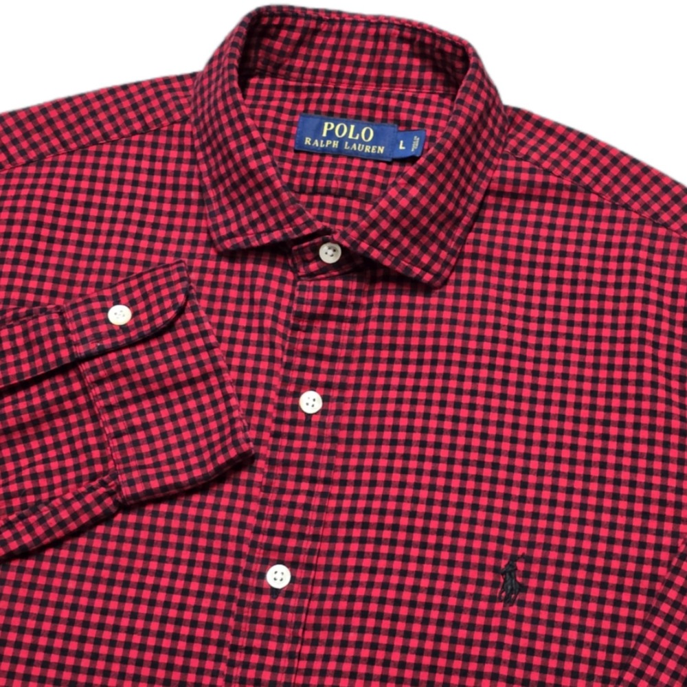Ralph Lauren Shirt‎ Mens L Red Black Gingham Lightweight Flannel Pony EUC